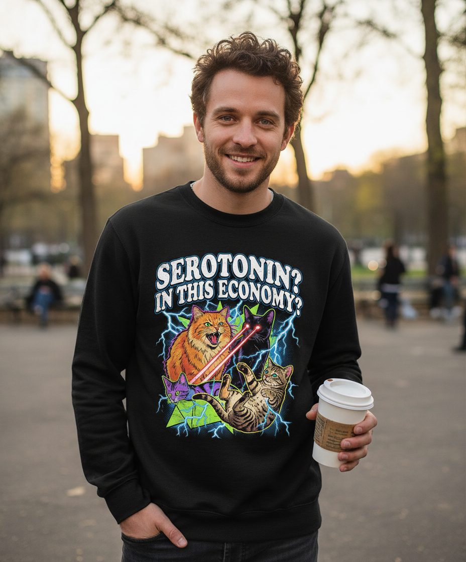 Serotonin in This Economy? cats Sweatshirt Black lifestyle mockup