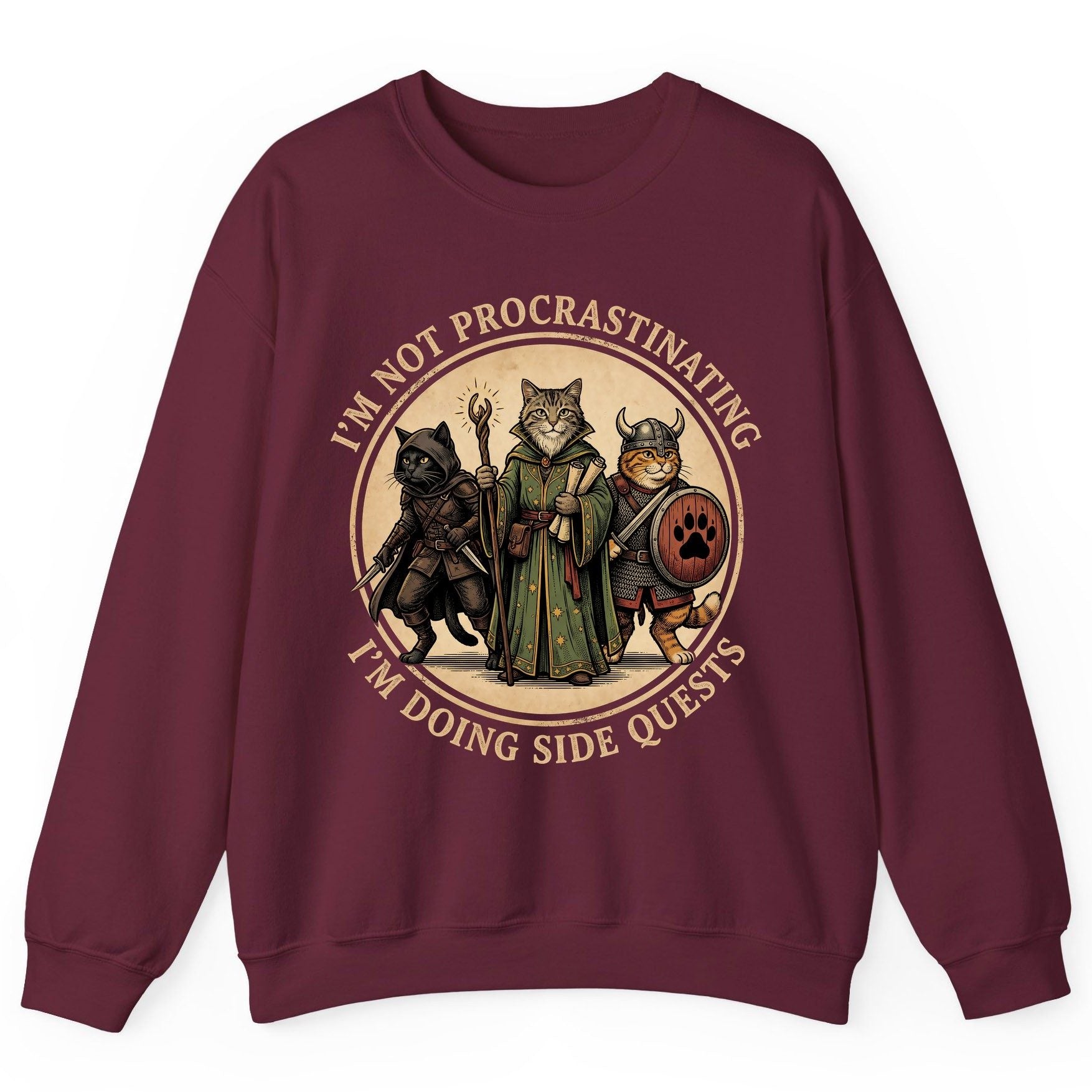 I'm Not Procrastinating I'm Doing Side Quests rpg cats Sweatshirt Maroon product mockup