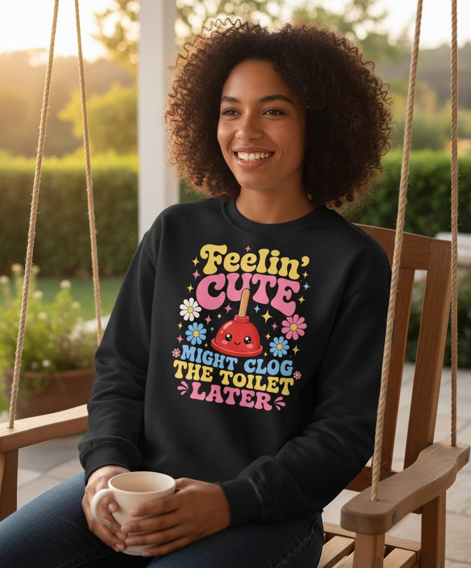 Feelin' Cute Might Clog the Toilet Later Funny Plunger Sweatshirt - lifestyle model mockup - Black