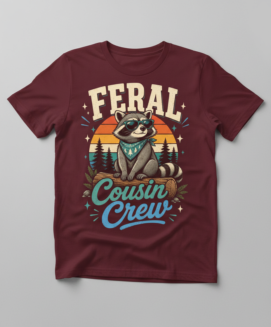 Feral Cousin Crew Raccoon T-Shirt - Maroon