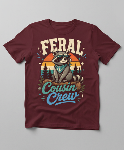 Feral Cousin Crew Raccoon T-Shirt - Maroon