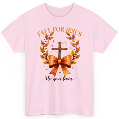 Fall for Jesus He Never Leaves christian faith T-Shirt Light Pink product mockup