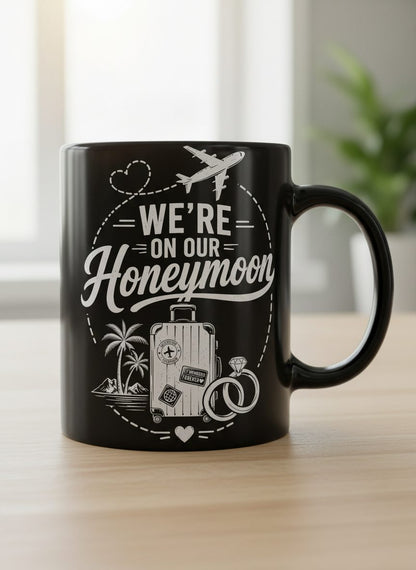We're on Our Honeymoon Vintage Newlyweds Black Mug - product mockup - Black