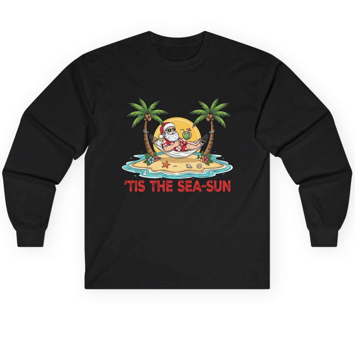 'Tis the Sea-Sun santa claus on a tropical vacation Long Sleeve Tee Black product mockup