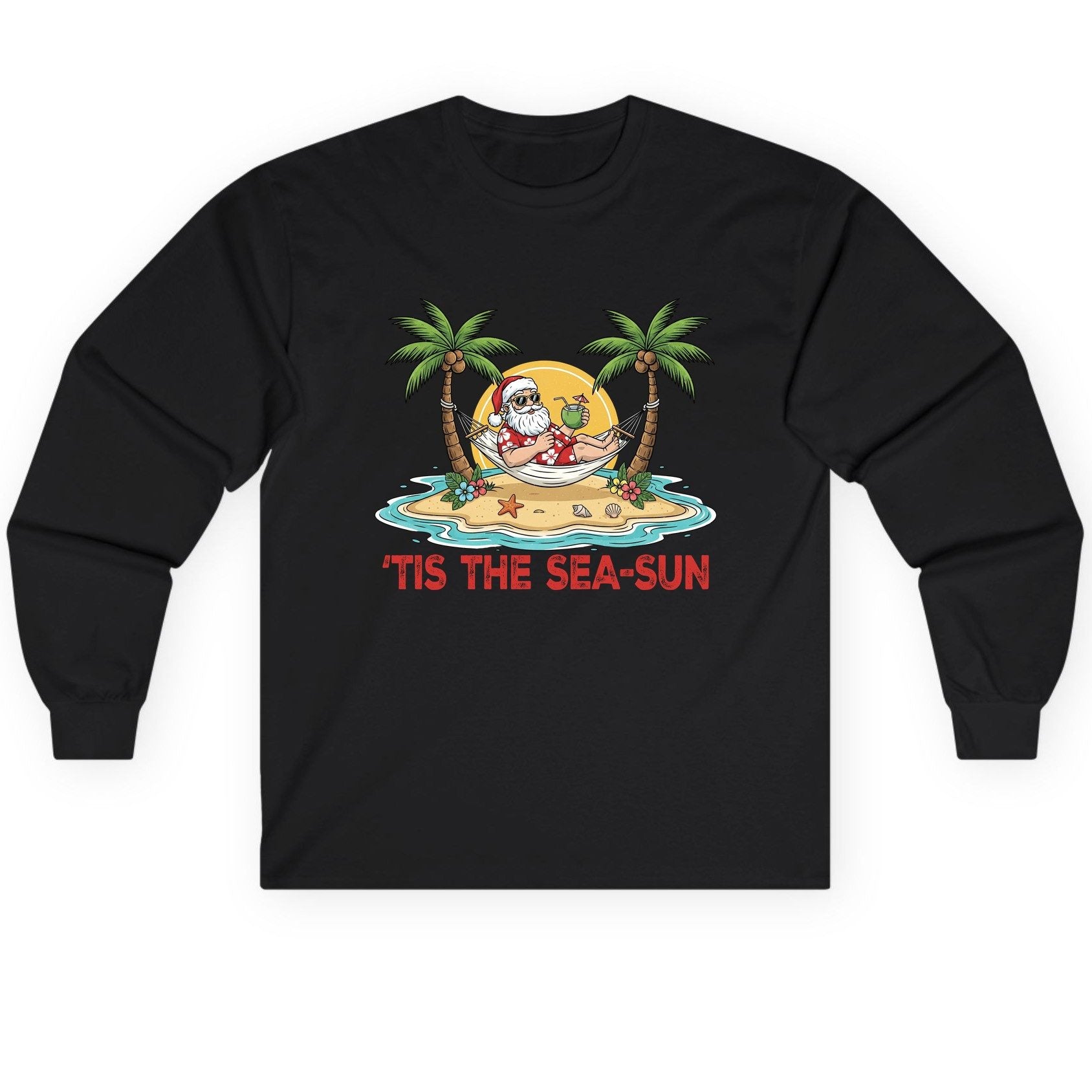 'Tis the Sea-Sun santa claus on a tropical vacation Long Sleeve Tee Black product mockup