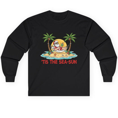 'Tis the Sea-Sun santa claus on a tropical vacation Long Sleeve Tee Black product mockup