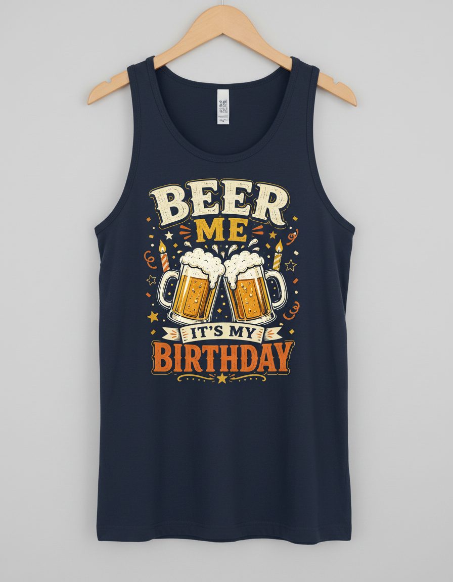 Beer Me It's My Birthday Funny Tank Top - product mockup - Navy