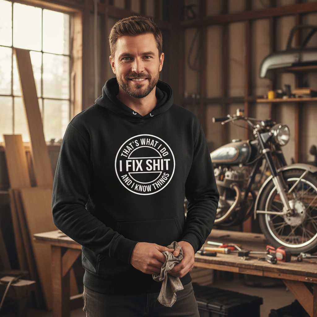 That's What I Do I Fix Shit and I Know Things Funny Handyman Hoodie - lifestyle model mockup - Black