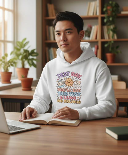 Test Day You'll Eat This Test & Leave No Crumbs Student Testing Hoodie - lifestyle model mockup - White