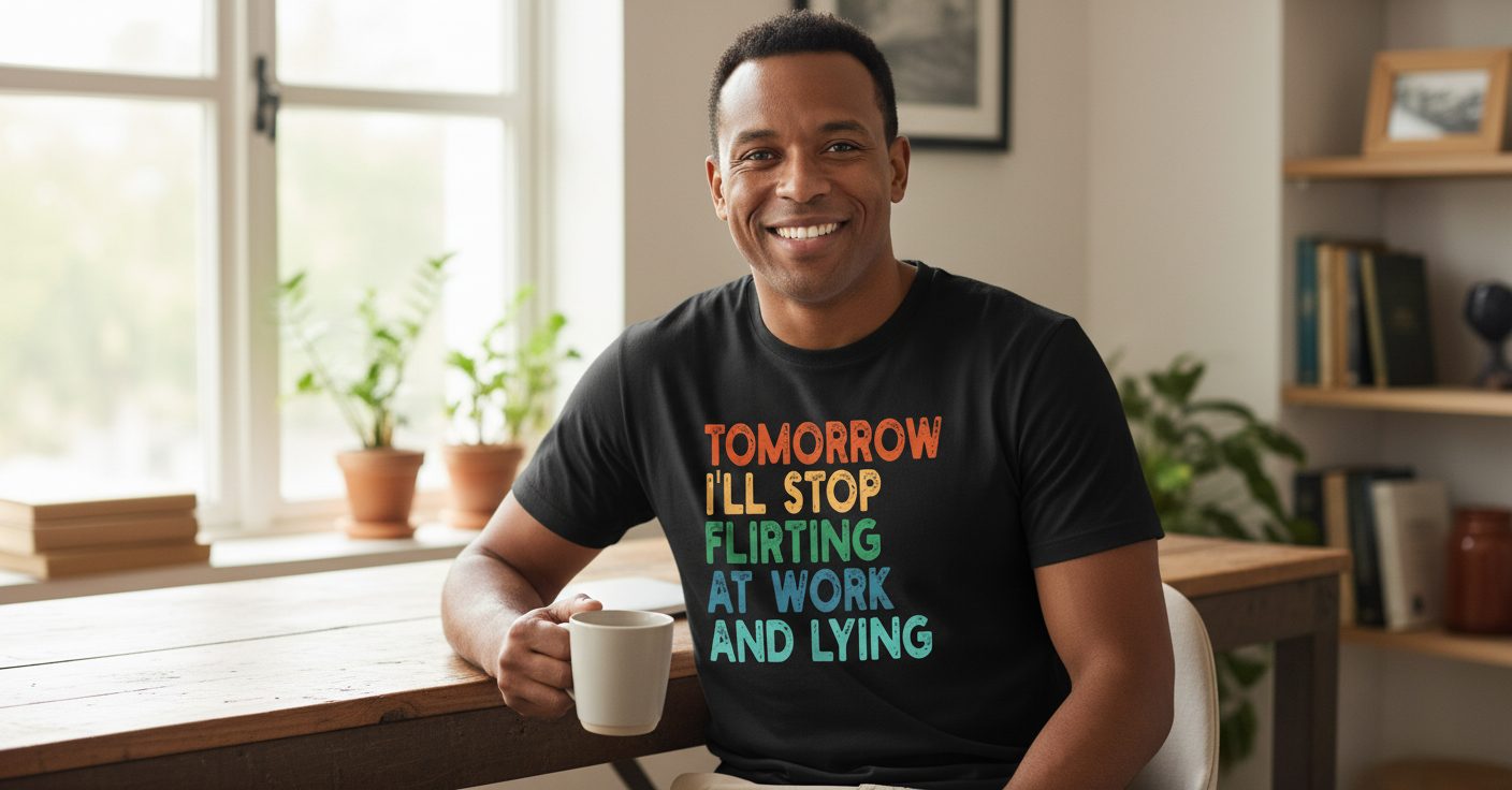 Tomorrow I'll Stop Flirting at Work and Lying Seriously workplace humor T-Shirt Black lifestyle mockup
