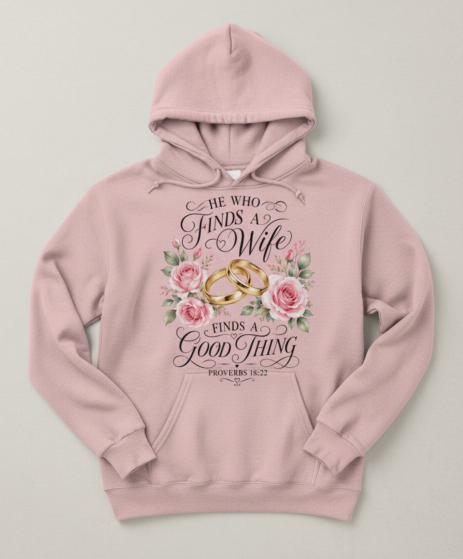 He Who Finds a Wife Finds a Good Thing Proverbs 18 22 Hoodie - product mockup - Light Pink