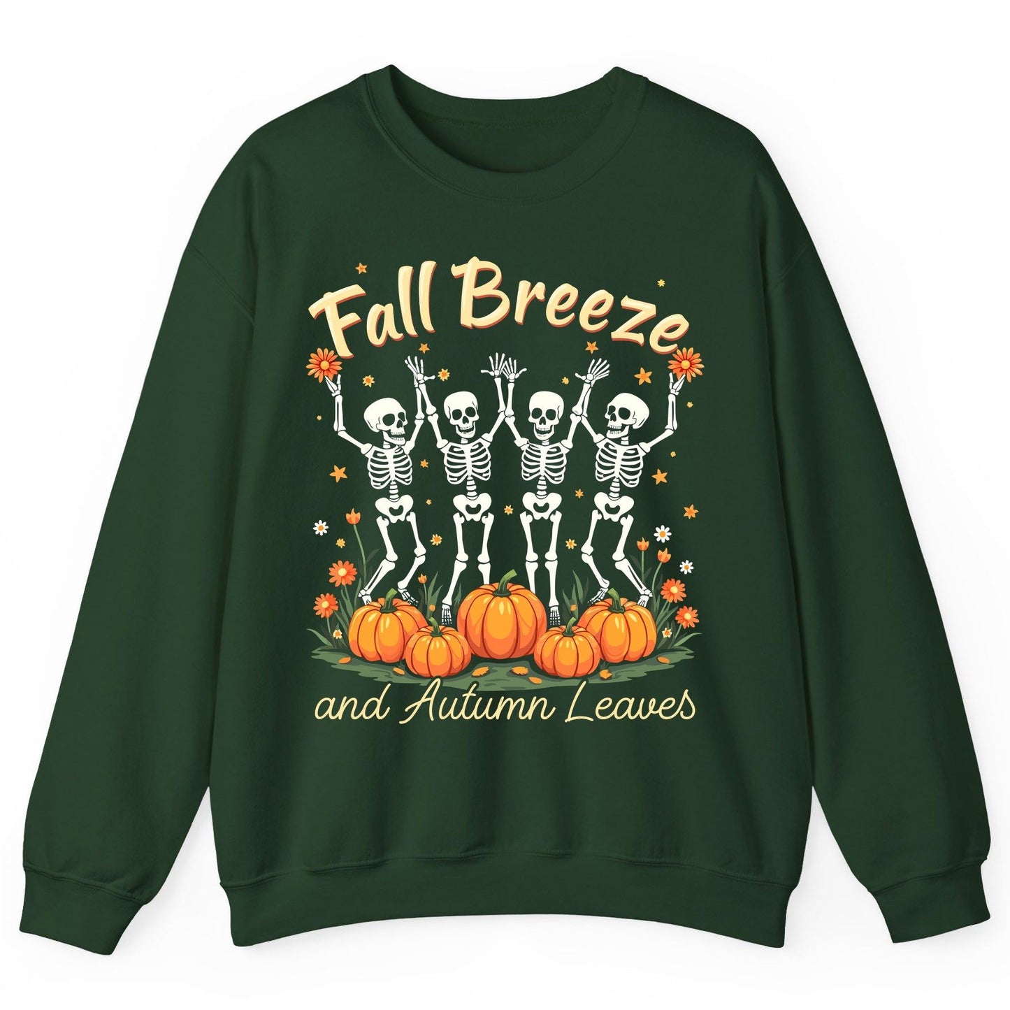 Fall Breeze and Autumn Leaves dancing skeletons Sweatshirt Forest Green product mockup