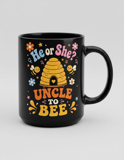 He or She Uncle to Bee Retro Gender Reveal Black Mug - product mockup - Black