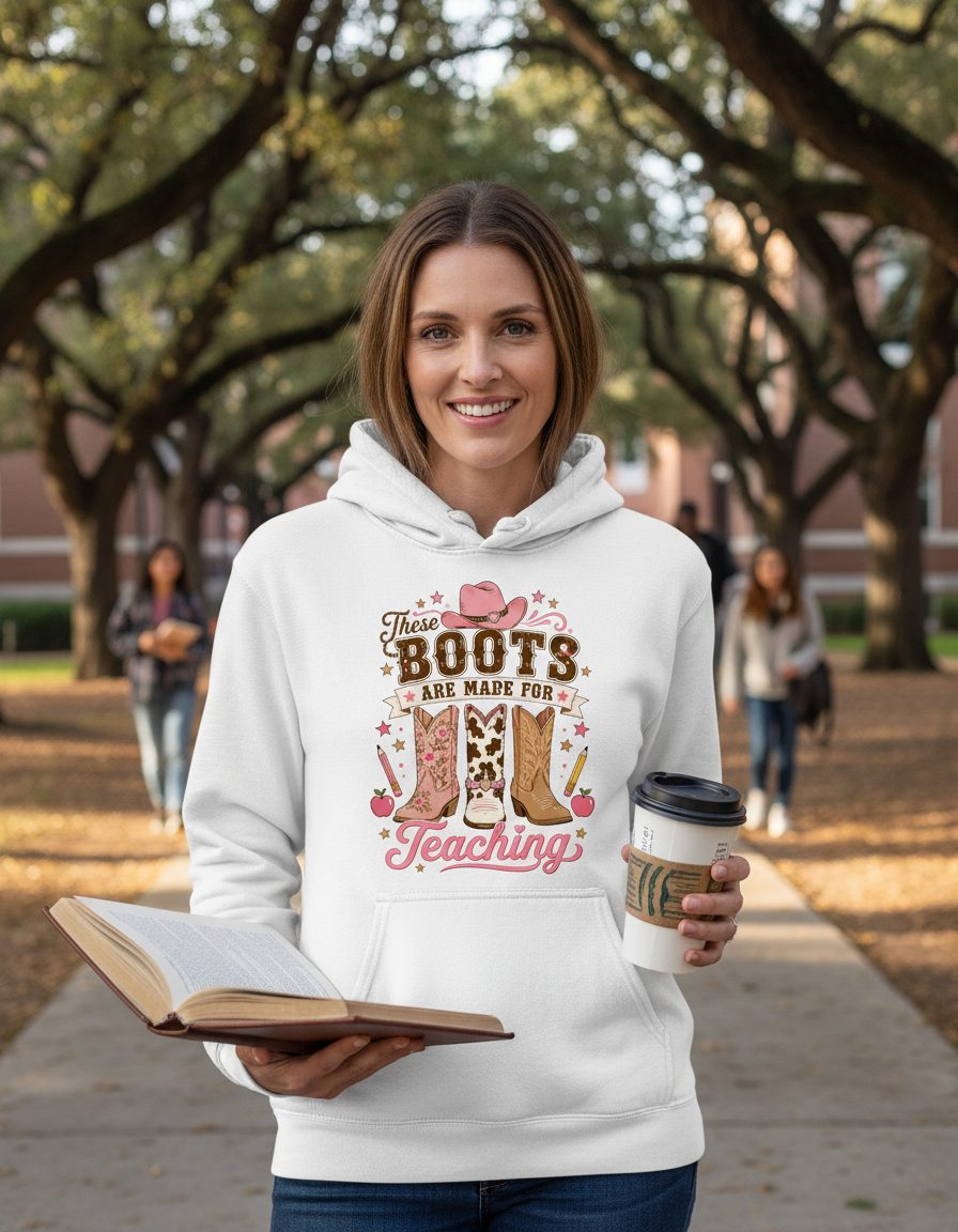 These Boots Are Made for Teaching Teacher Hoodie - lifestyle model mockup - White