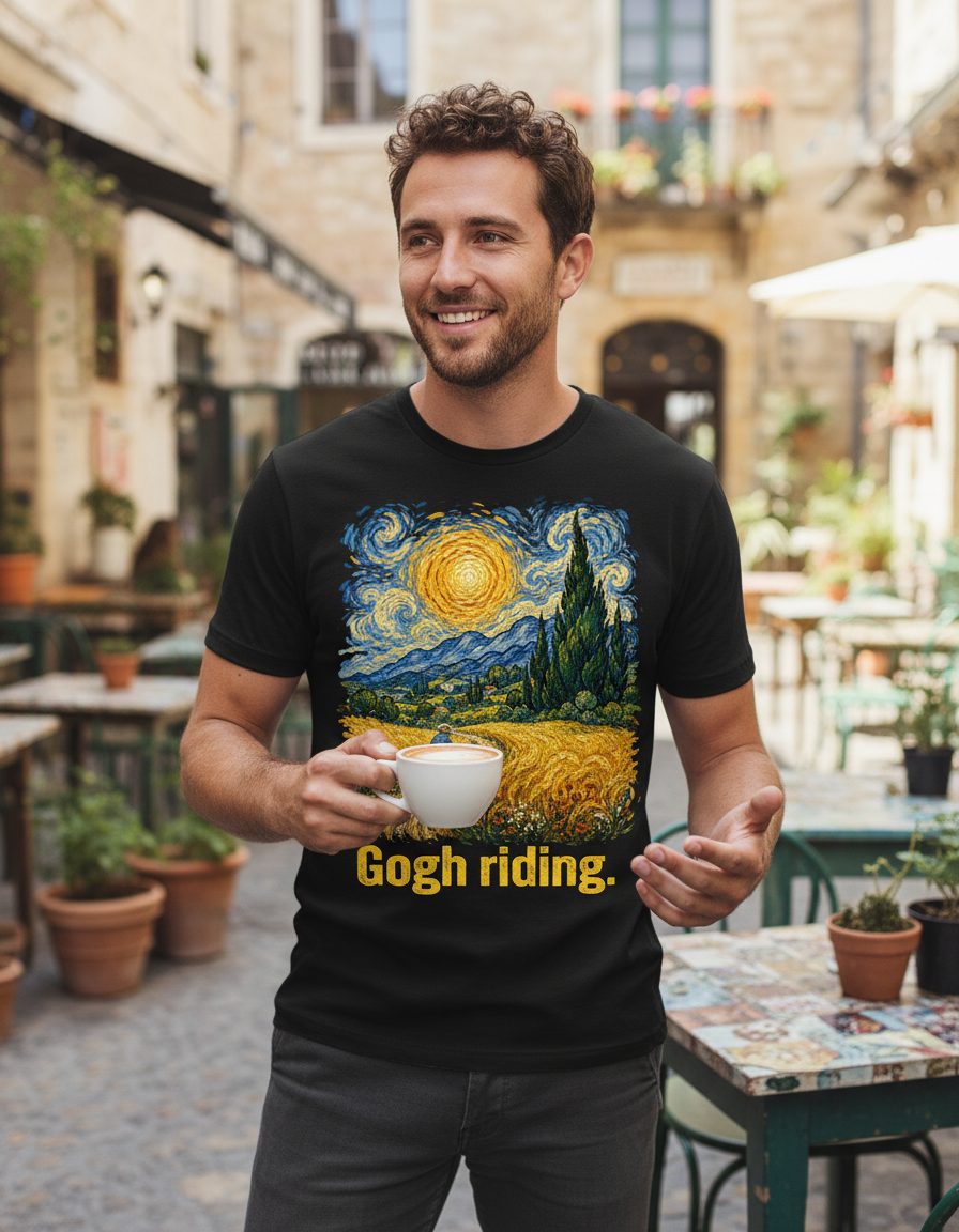 Gogh Riding art parody T-Shirt Black lifestyle mockup