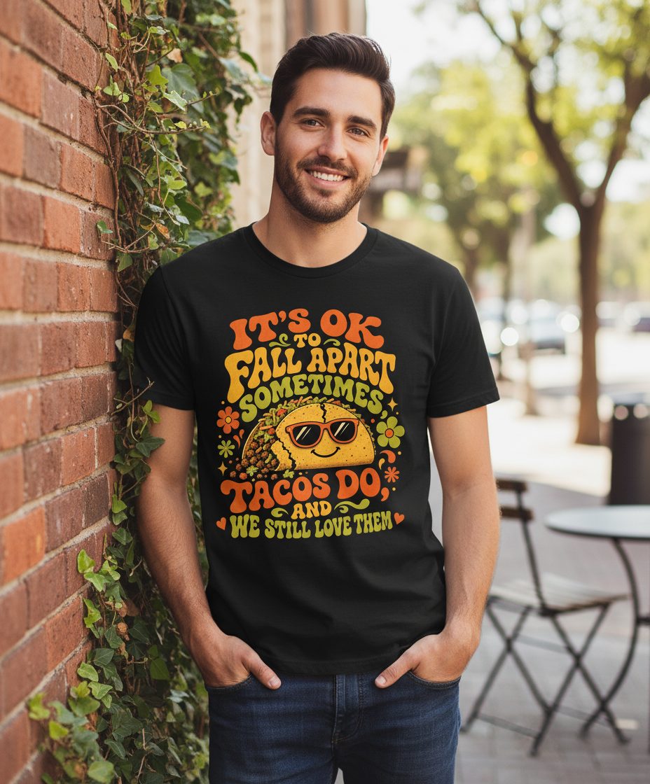 TACOS DO AND WE STILL LOVE THEM T-Shirt - lifestyle model mockup - Black