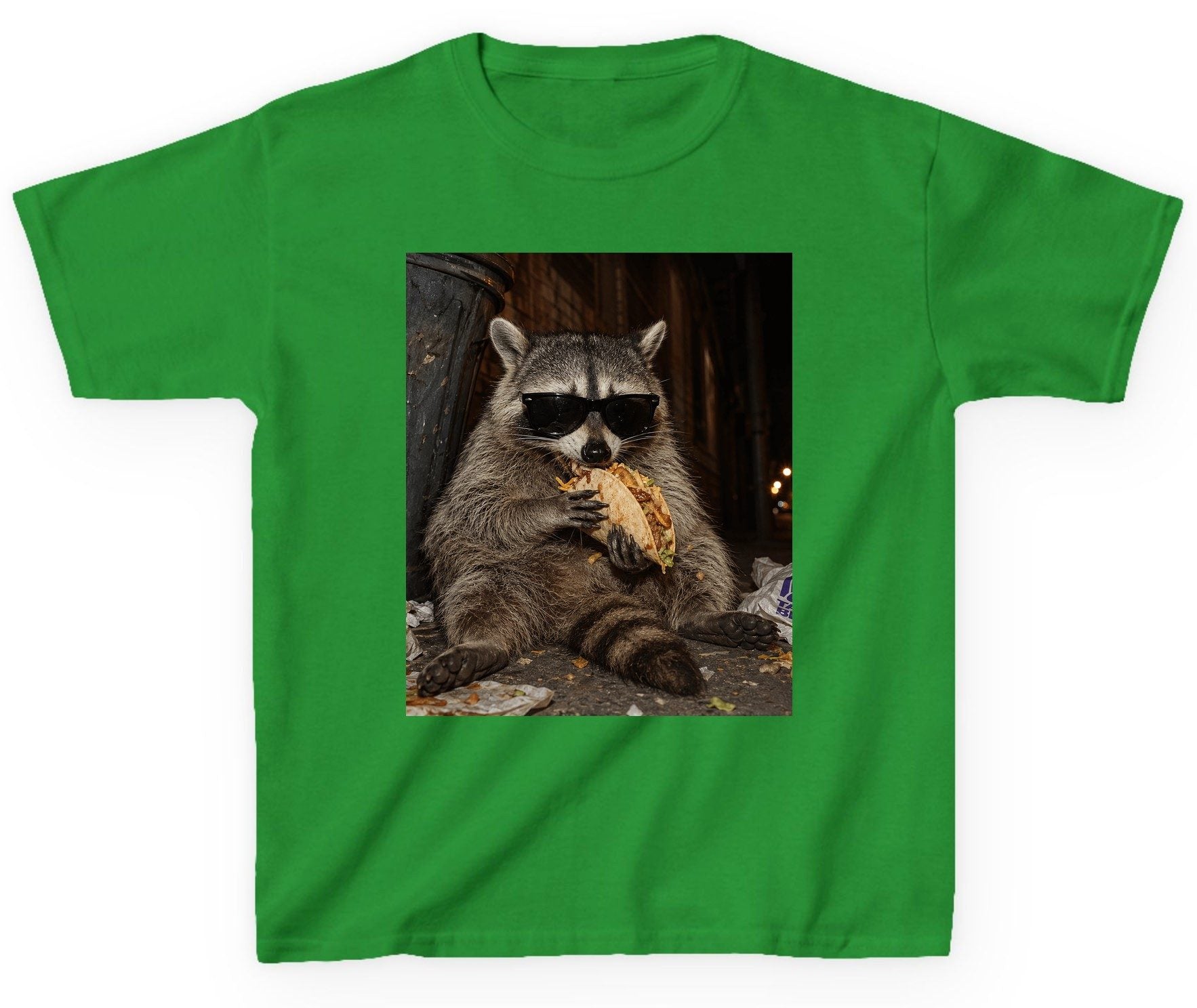 Raccoon Eating Taco Funny Animal Lovers Youth T-Shirt - product mockup - Irish Green