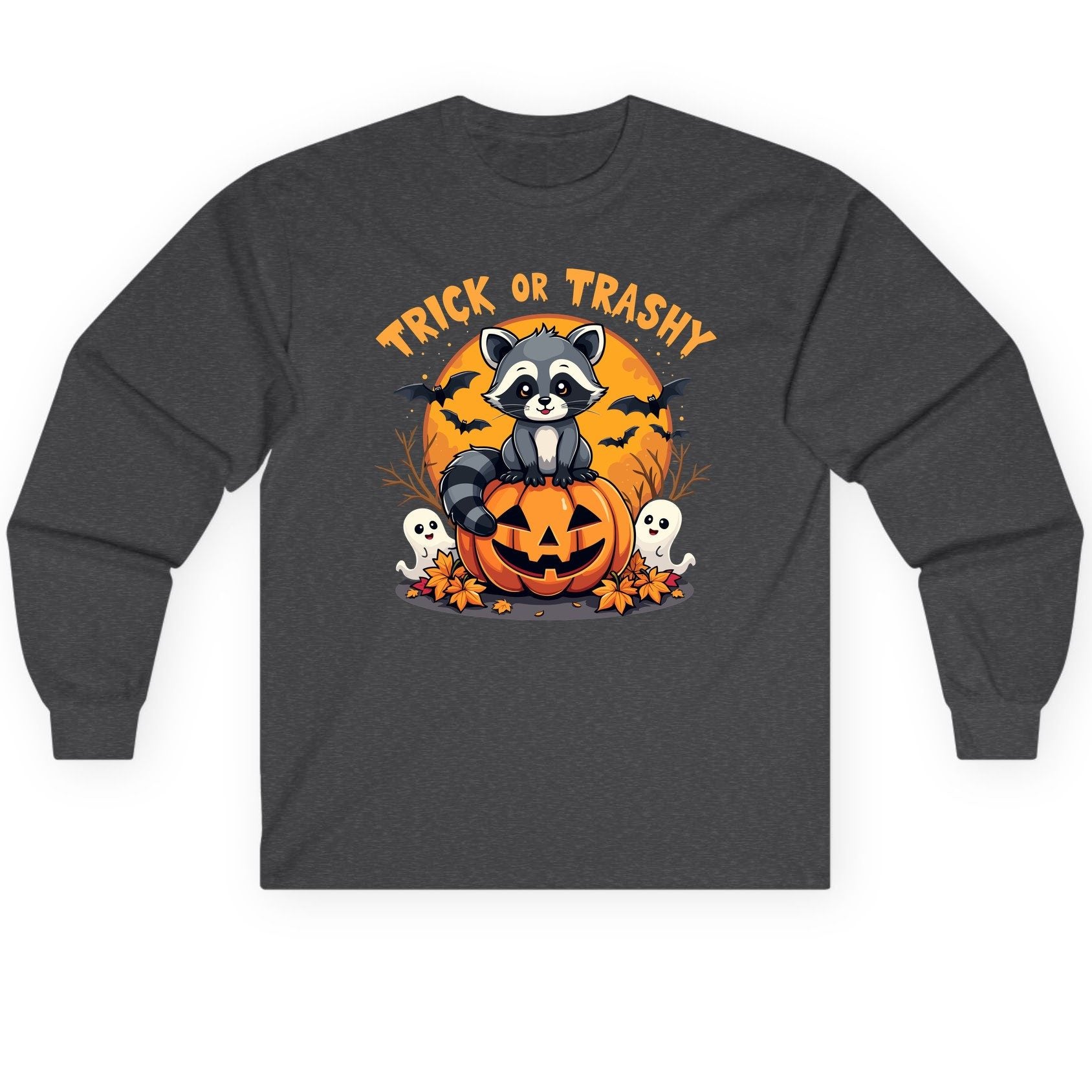 Trick or Trashy raccoon Long Sleeve Tee Dark Heather product mockup