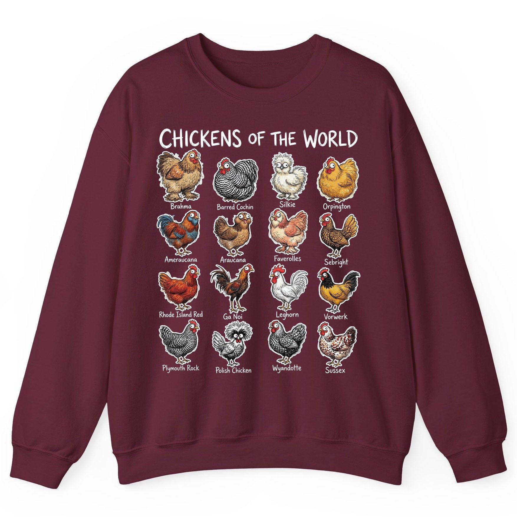 Chickens of the World chicken breeds Sweatshirt Maroon product mockup