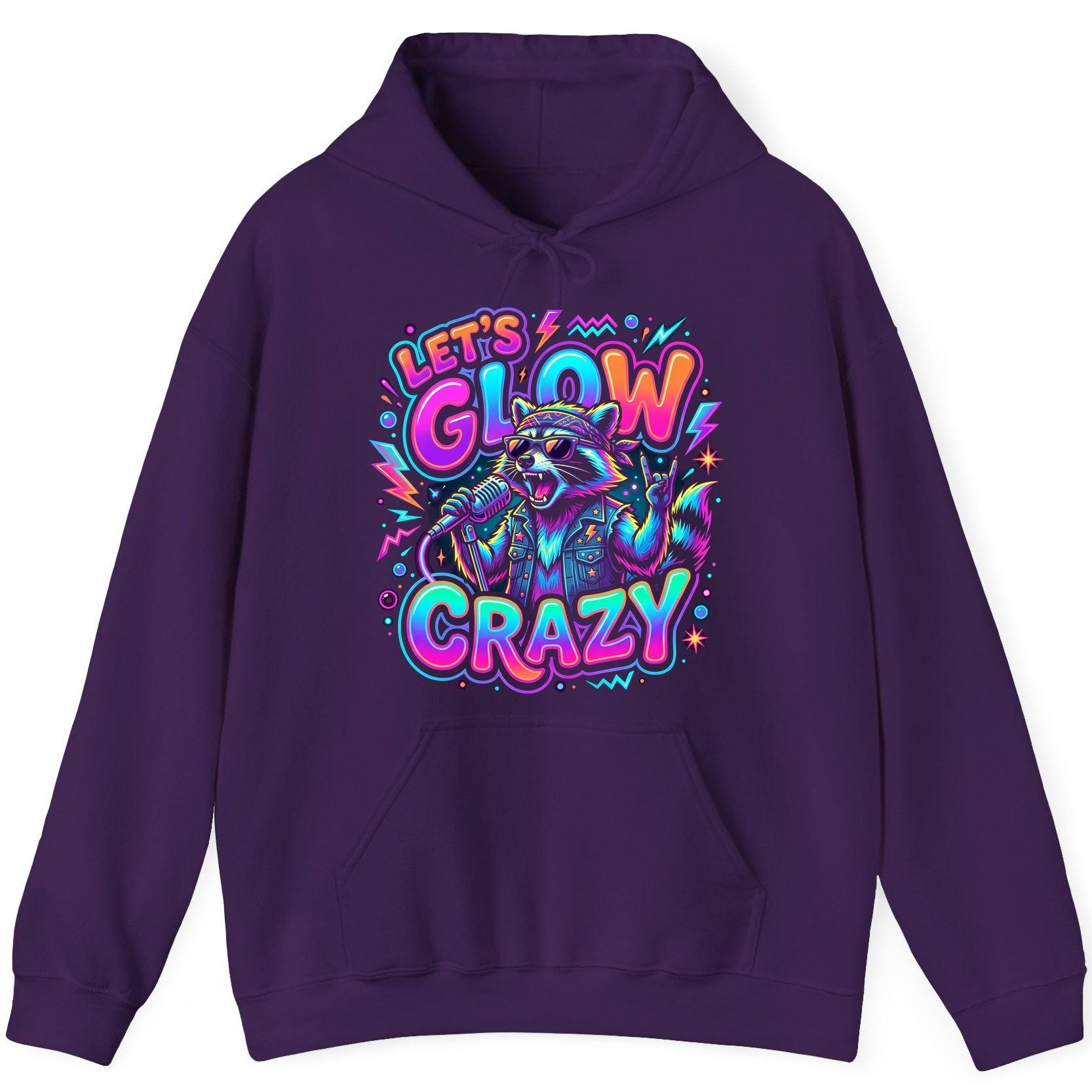 Let's Glow Crazy Funny Rockstar Raccoon Hoodie - product mockup - Purple