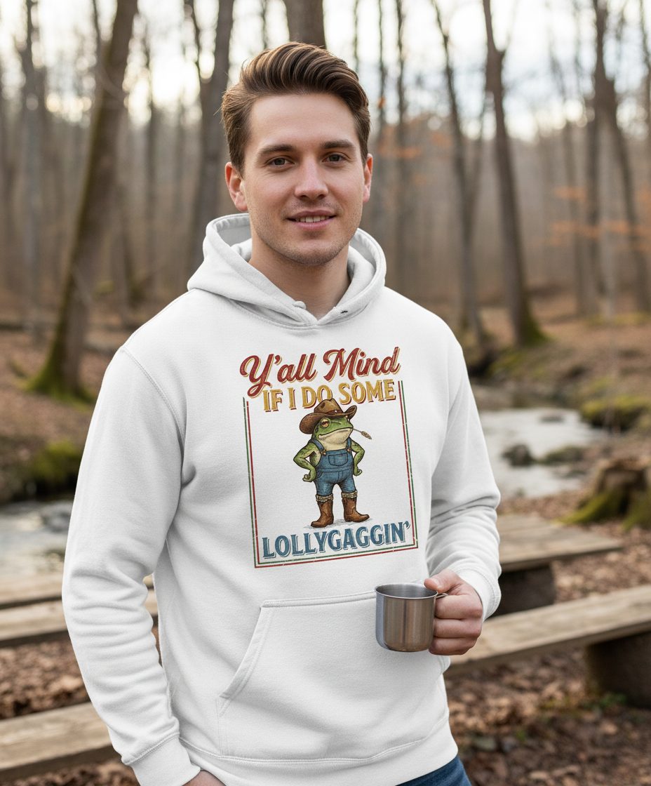 Y'all Mind If I Do Some Lollygaggin' Funny Cowboy Frog Hoodie - lifestyle model mockup - White