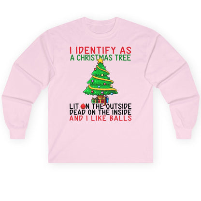 I Identify as a Christmas Tree and I Like Balls Christmas humor Long Sleeve Tee Light Pink product mockup