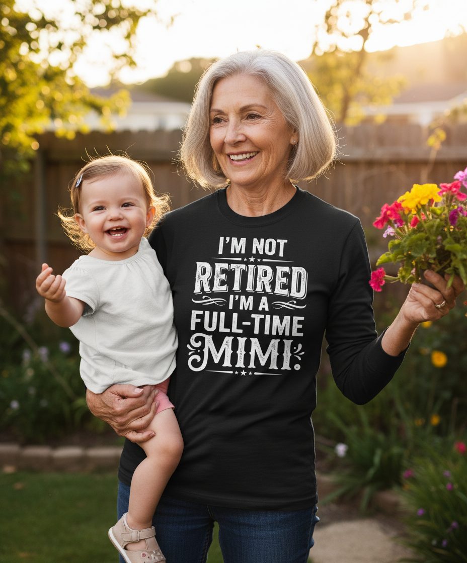 I'm Not Retired I'm a Full-Time Mimi Funny Grandma Long Sleeve Tee - lifestyle model mockup - Black