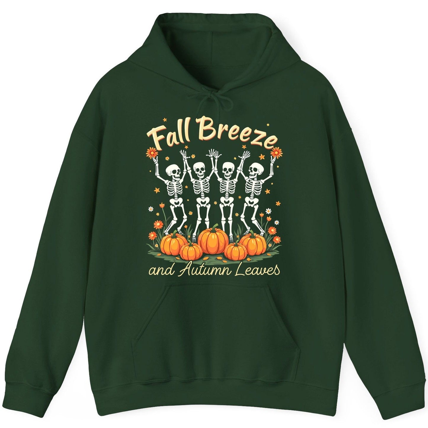 Fall Breeze and Autumn Leaves dancing skeletons Hoodie Forest Green product mockup