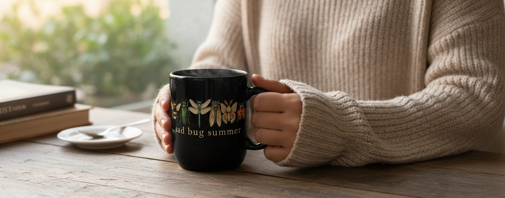 Sad Bug Summer Vintage Insects Black Mug - lifestyle model mockup - Black