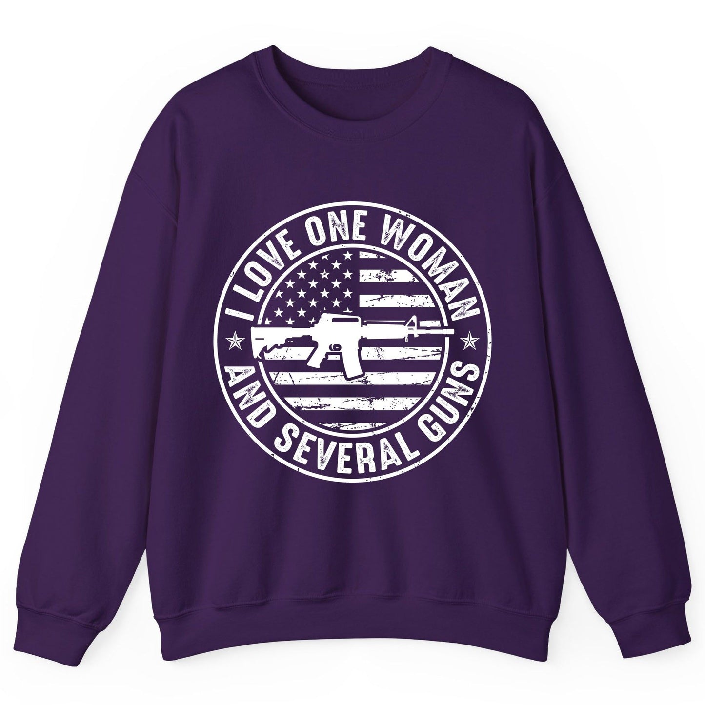 I LOVE ONE WOMAN AND Several GUNS Funny Gun Owners Sweatshirt - product mockup - Purple