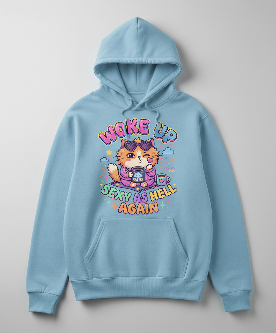 Woke Up Sexy As Hell Again Cute Cat Hoodie - Light Blue