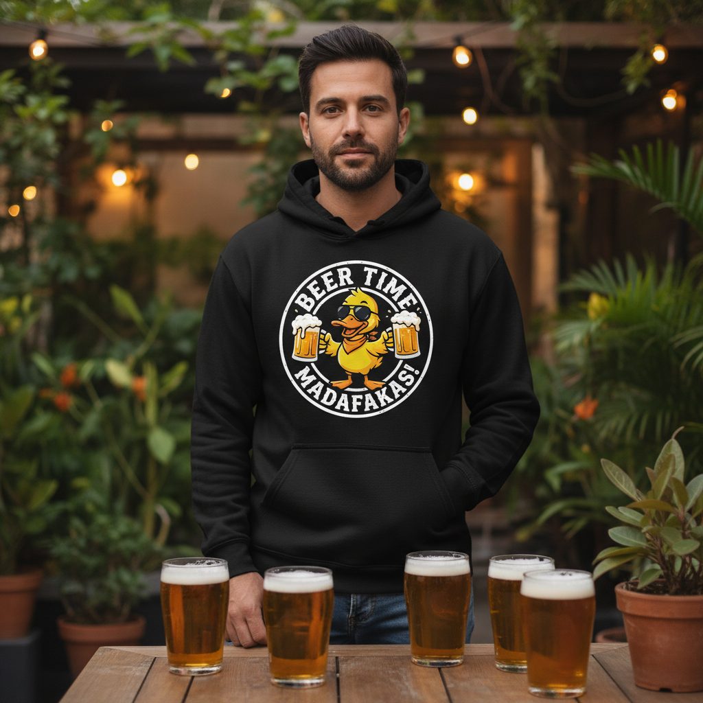 BEER TIME MADAFFAKAS! Funny Duck drinking beer Beer Time Madafakas Duck Hoodie - lifestyle model mockup - Black