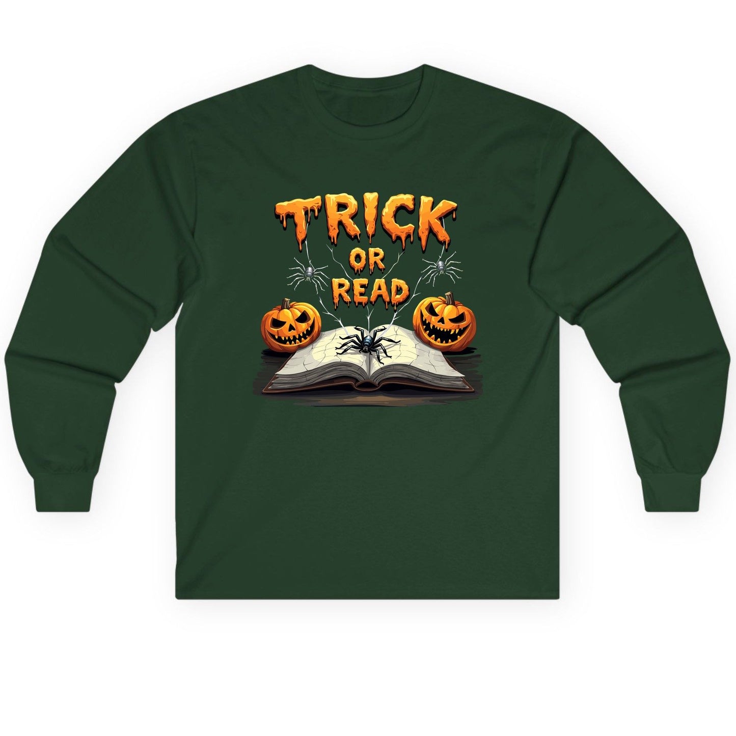 Trick or Read Halloween reading Long Sleeve Tee Forest Green product mockup