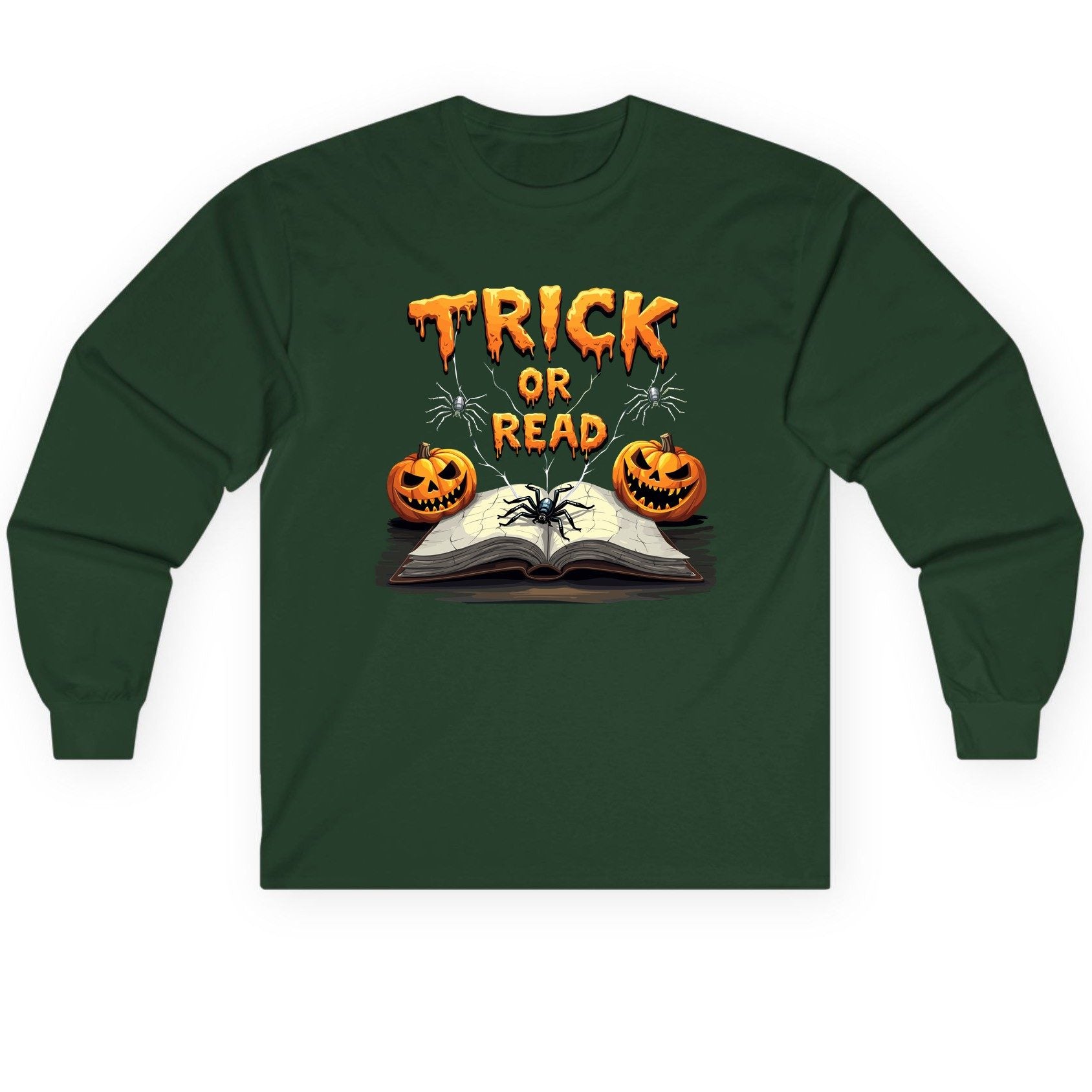 Trick or Read Halloween reading Long Sleeve Tee Forest Green product mockup