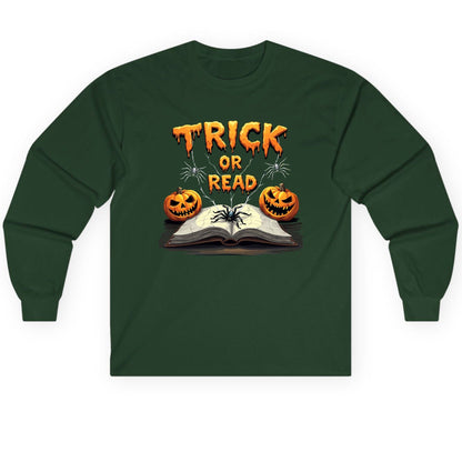 Trick or Read Halloween reading Long Sleeve Tee Forest Green product mockup
