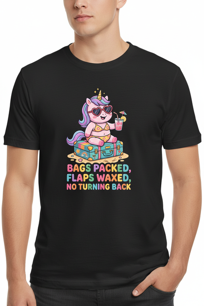Funny Unicorn Vacation Quote Bags Packed Flaps Waxed T-Shirt - Black