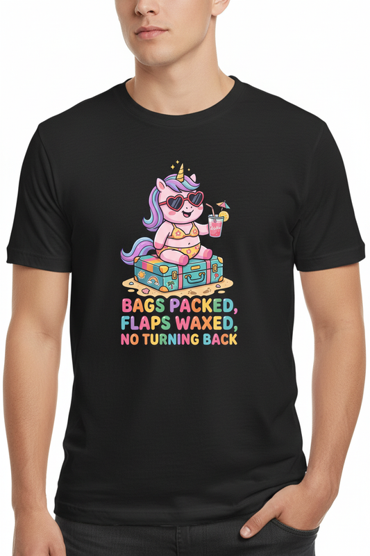 Funny Unicorn Vacation Quote Bags Packed Flaps Waxed T-Shirt - Black