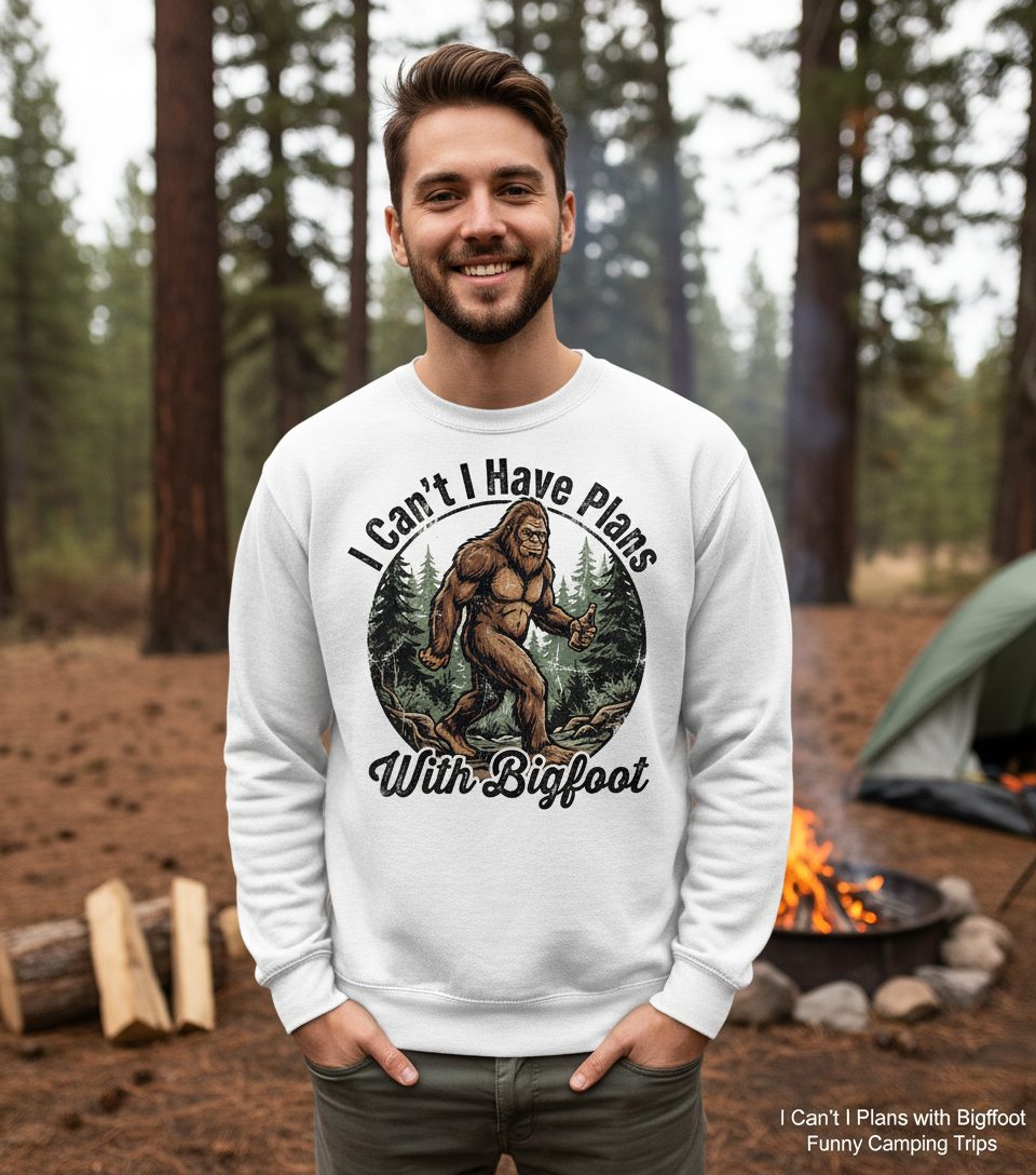 I Can't I Have Plans with Bigfoot bigfoot Sweatshirt White lifestyle mockup