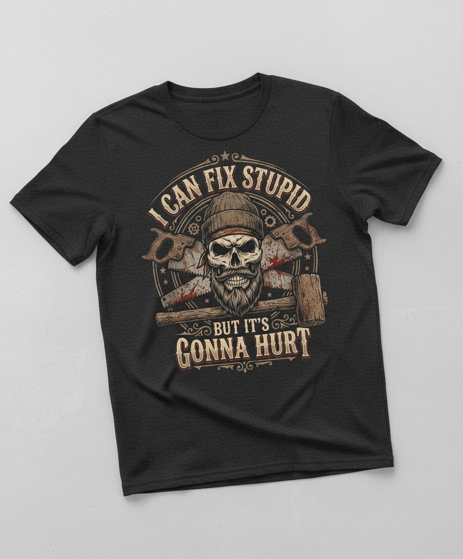 I Can Fix Stupid But It's Gonna Hurt Skull and Saws T-Shirt - Dark Heather