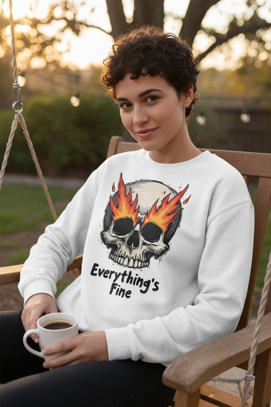 Everything's Fine flaming skull Sweatshirt White lifestyle mockup