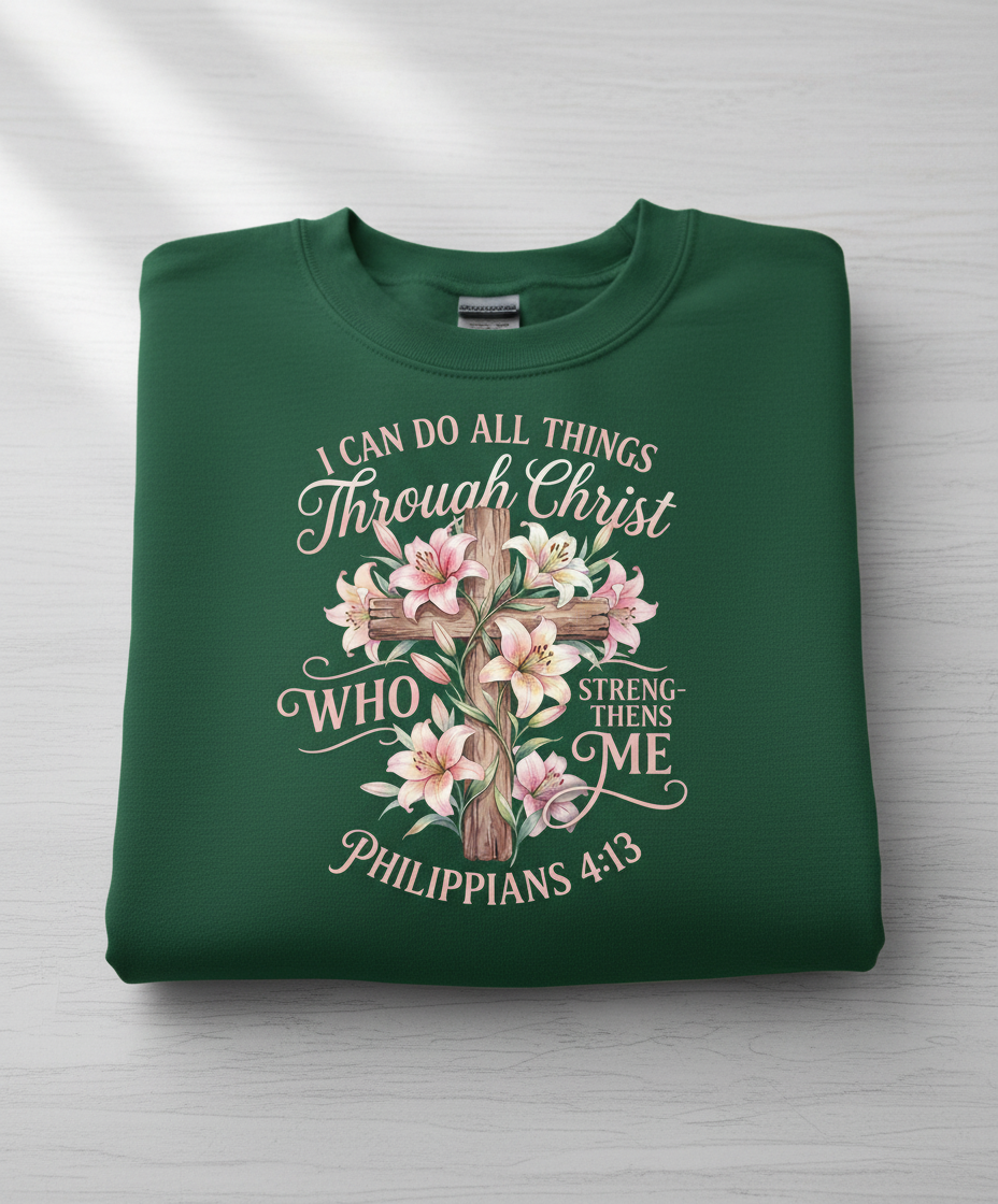Philippians 4:13 I Can Do All Things Through Christ Cross and Lilies Sweatshirt - Forest Green
