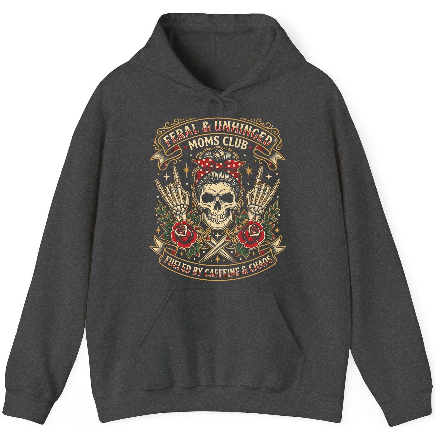 Feral & Unhinged Moms Club Fueled by Caffeine & Chaos Hoodie - product mockup - Dark Heather