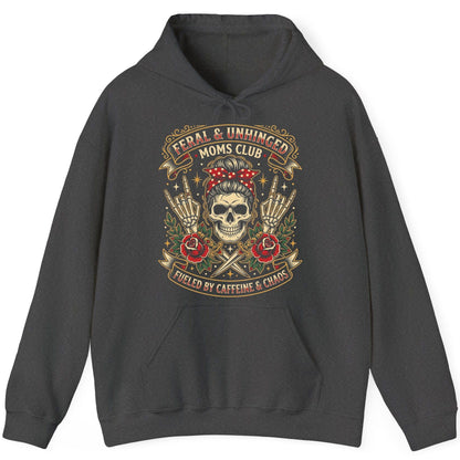 Feral & Unhinged Moms Club Fueled by Caffeine & Chaos Hoodie - product mockup - Dark Heather