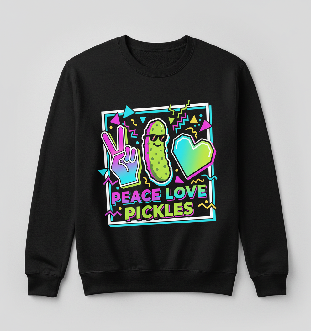 Peace Love Pickles Retro 80s 90s Style Design Sweatshirt - Black
