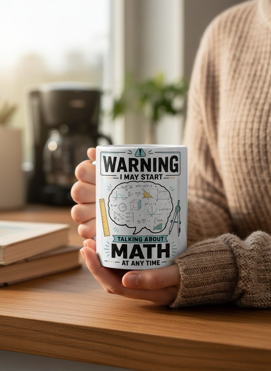 Warning I May Start Talking About Math at Any Time Funny Teachers White Mug - lifestyle model mockup - White