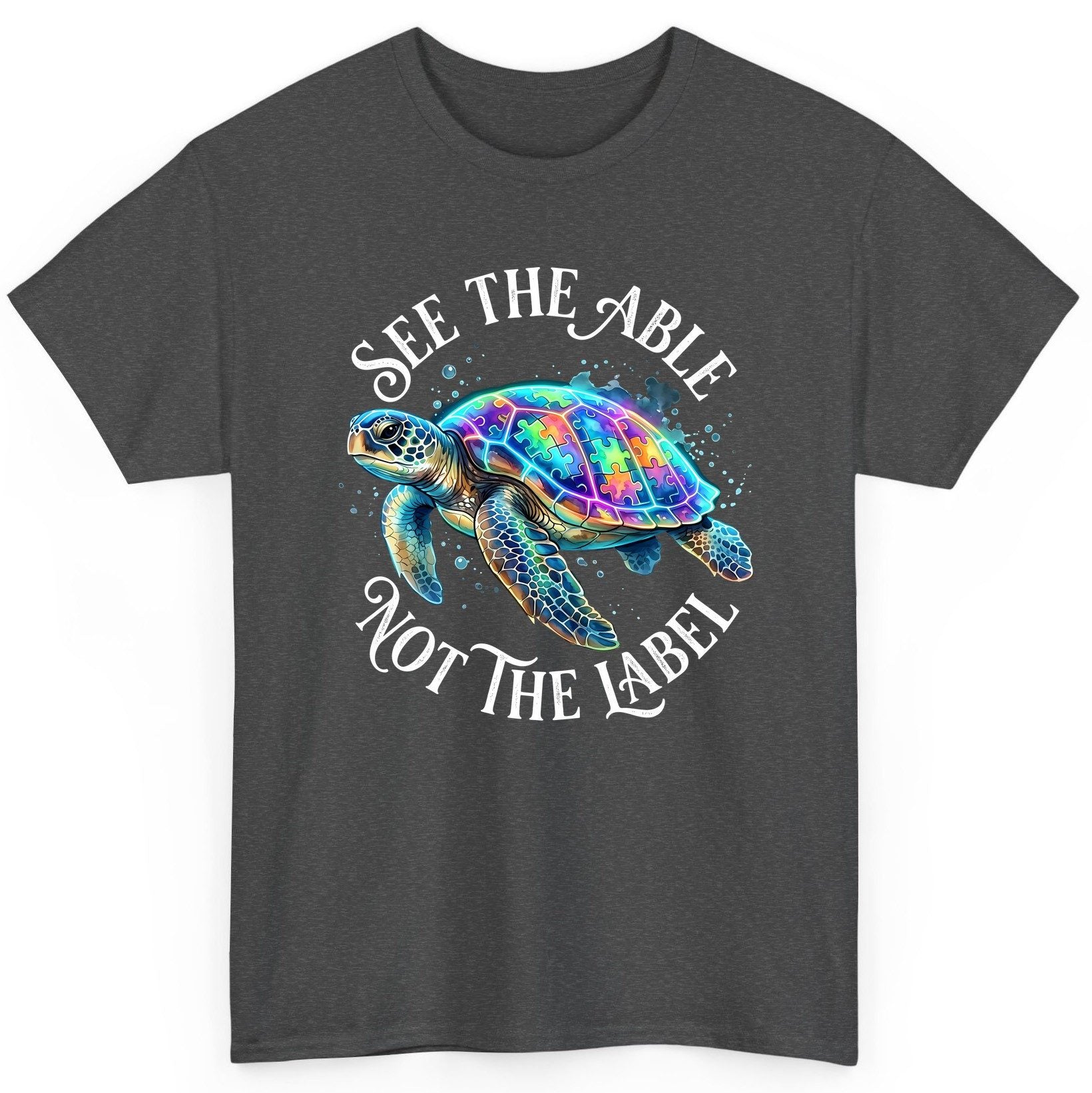 See the Able Not the Label Autism Awareness T-Shirt - product mockup - Dark Heather
