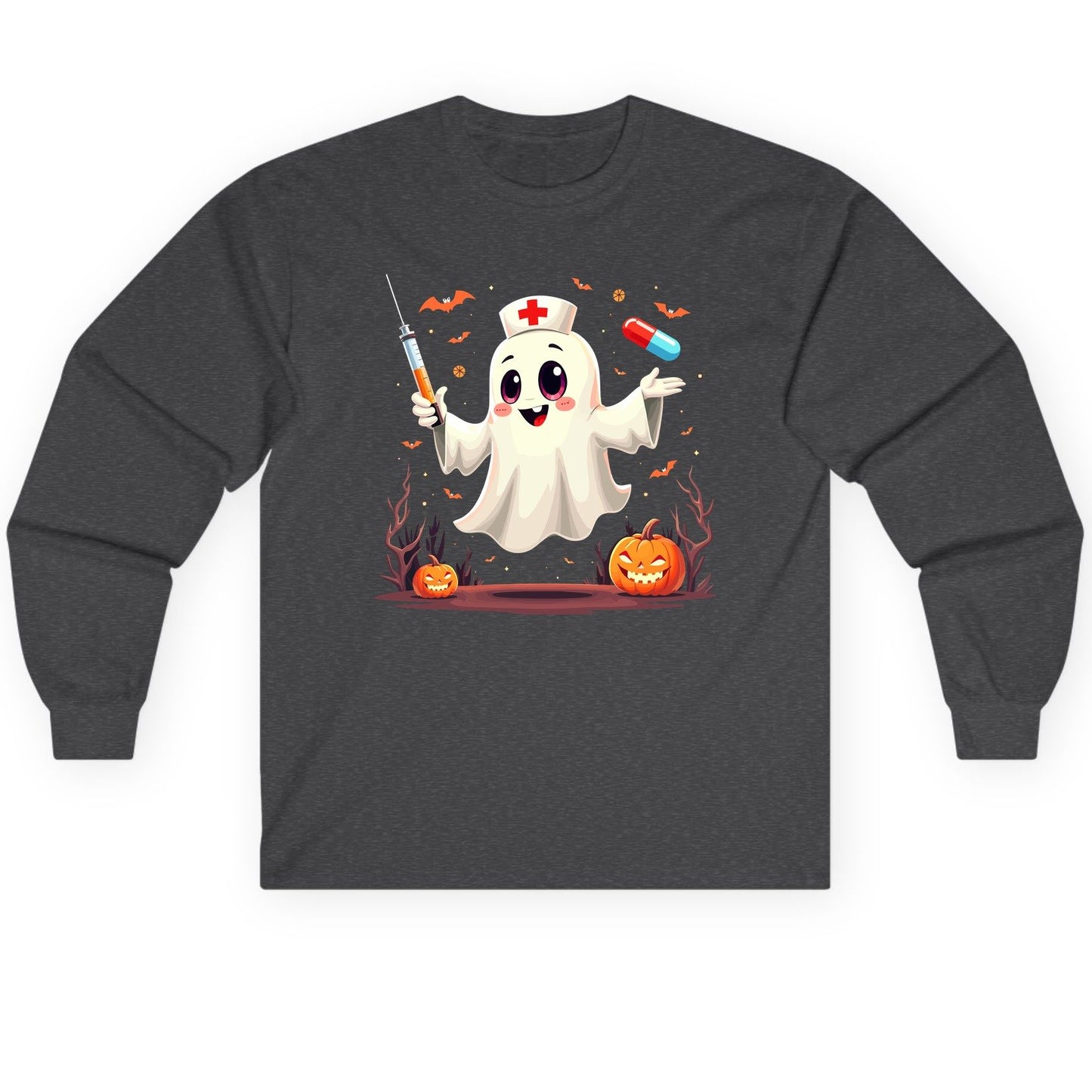 Cute Ghost Nurse Halloween ghost nurse Long Sleeve Tee Dark Heather product mockup