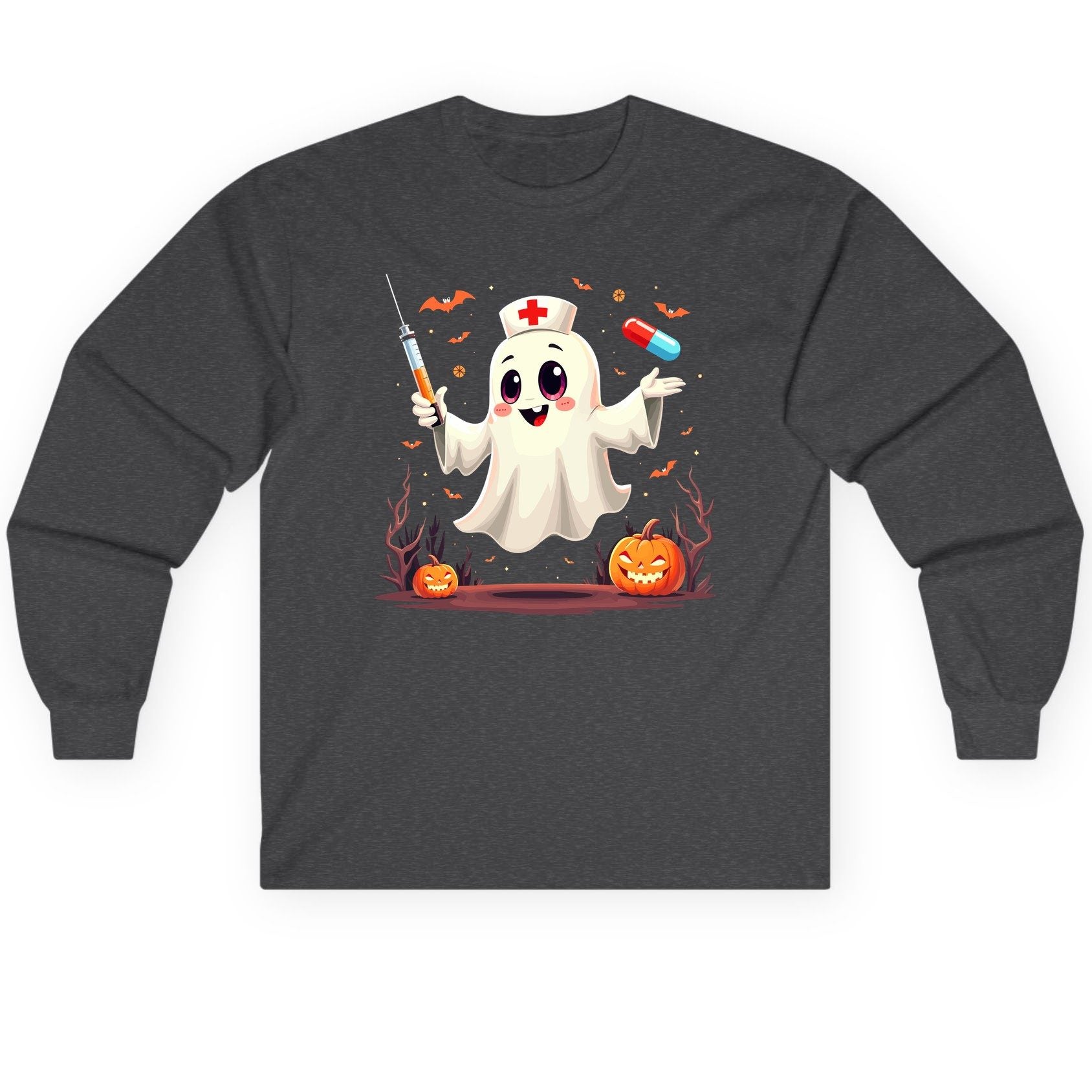 Cute Ghost Nurse Halloween ghost nurse Long Sleeve Tee Dark Heather product mockup
