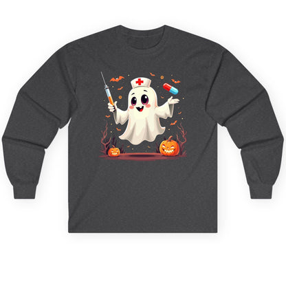 Cute Ghost Nurse Halloween ghost nurse Long Sleeve Tee Dark Heather product mockup