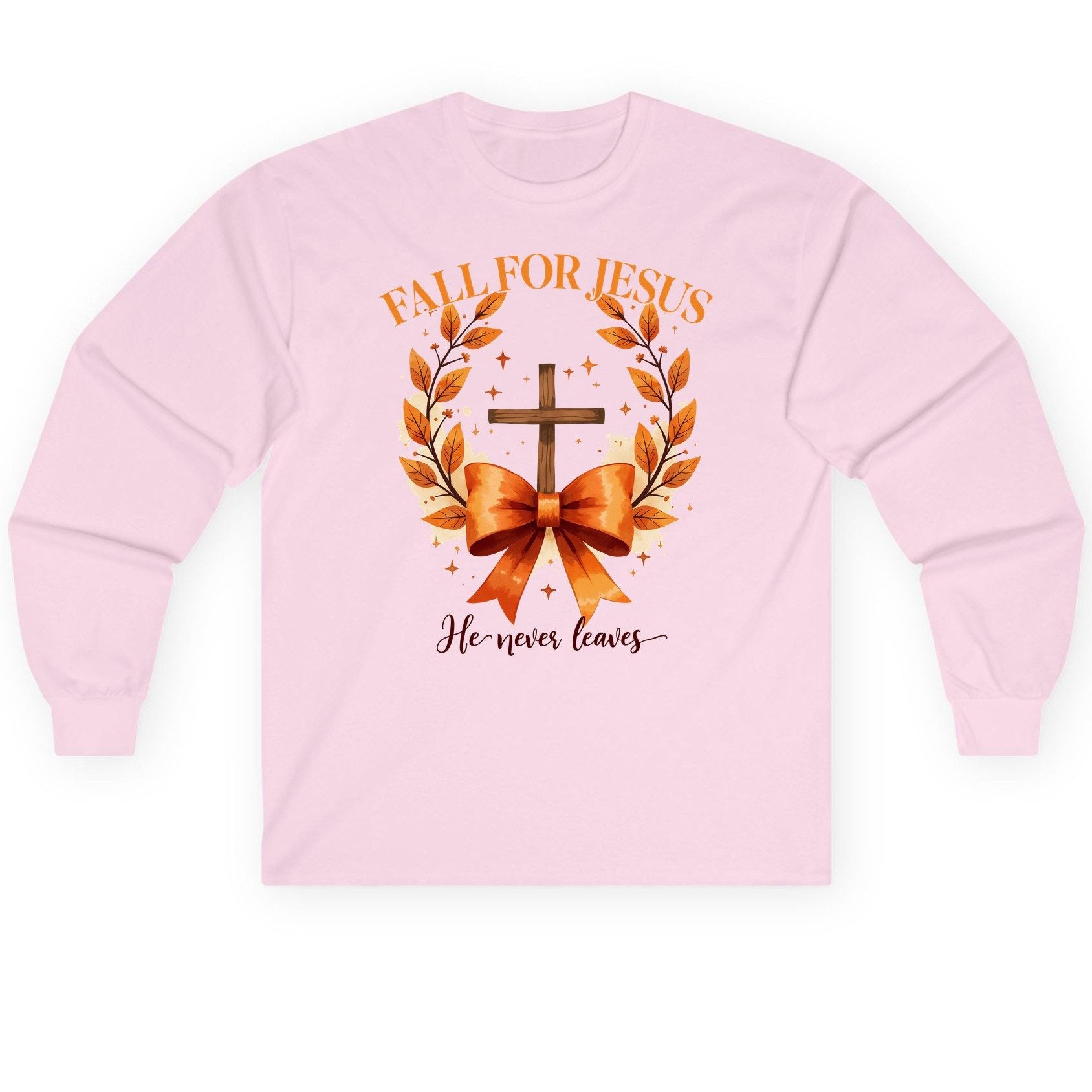 Fall for Jesus He Never Leaves christian faith Long Sleeve Tee Light Pink product mockup